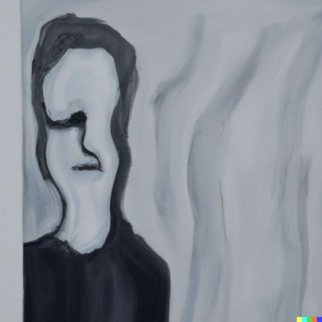 minimalist painting of a representation of anxiety in black, white, grey and blue paint on canvas